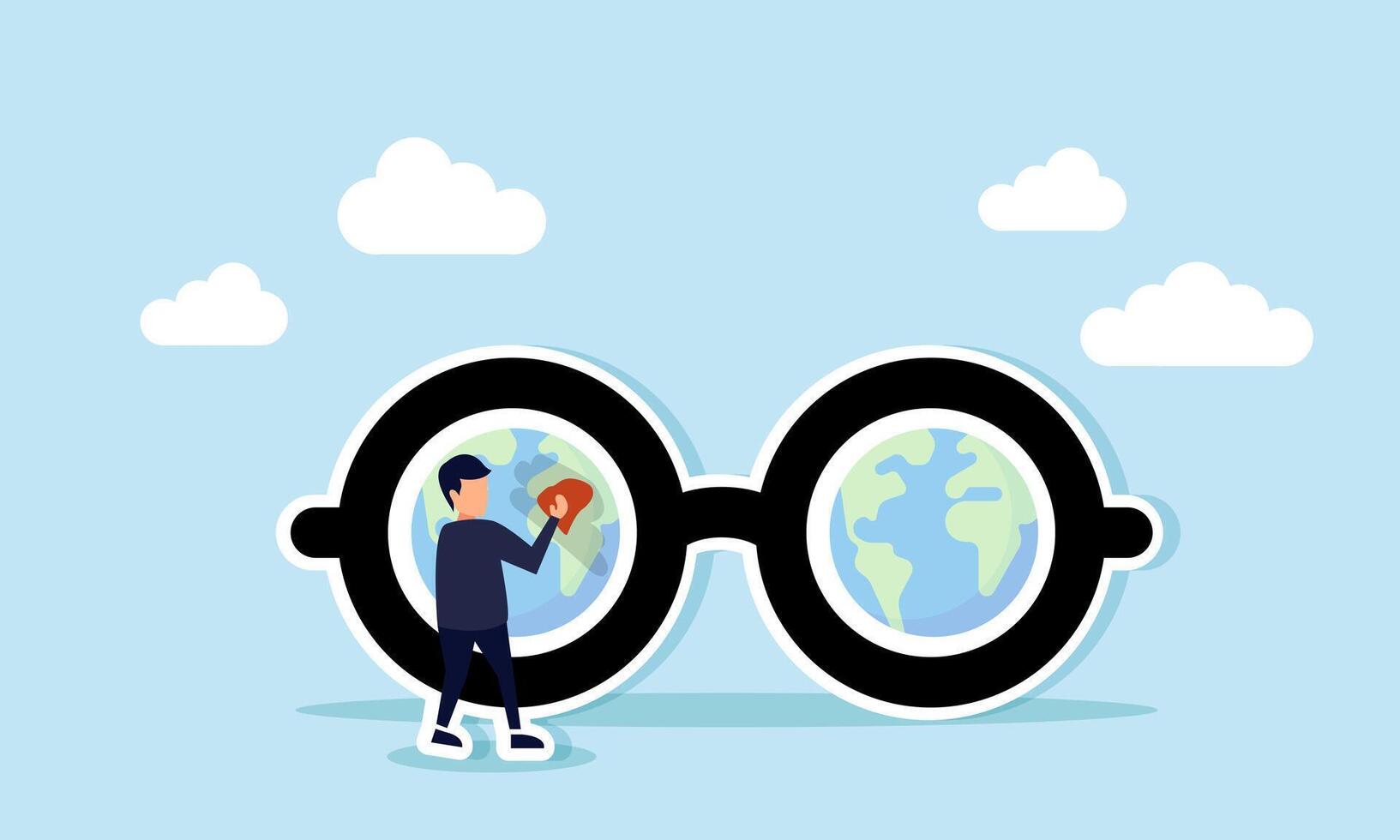 A businessman cleans glasses showing a globe on the lenses with a cloth, illustration of maintaining a clear vision in analyzing global business trends vector