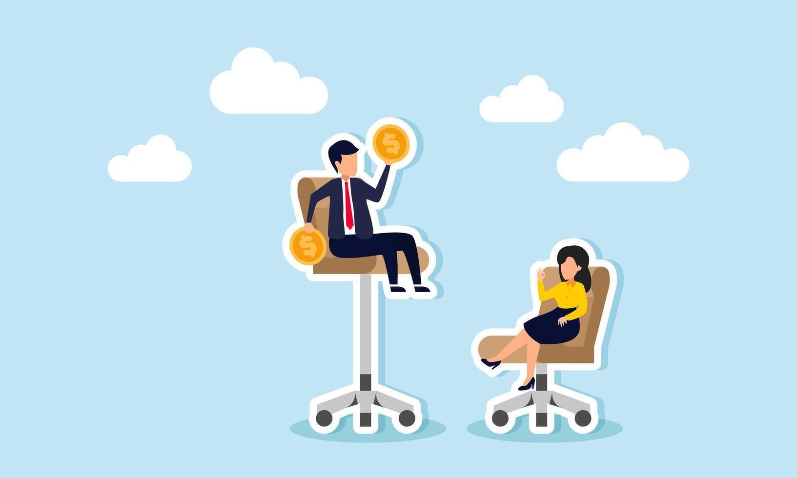 A businesswoman sits on an office chair in front of a businessman on a higher office chair holding dollar coins, illustration of competing against big competitors with strong finances vector