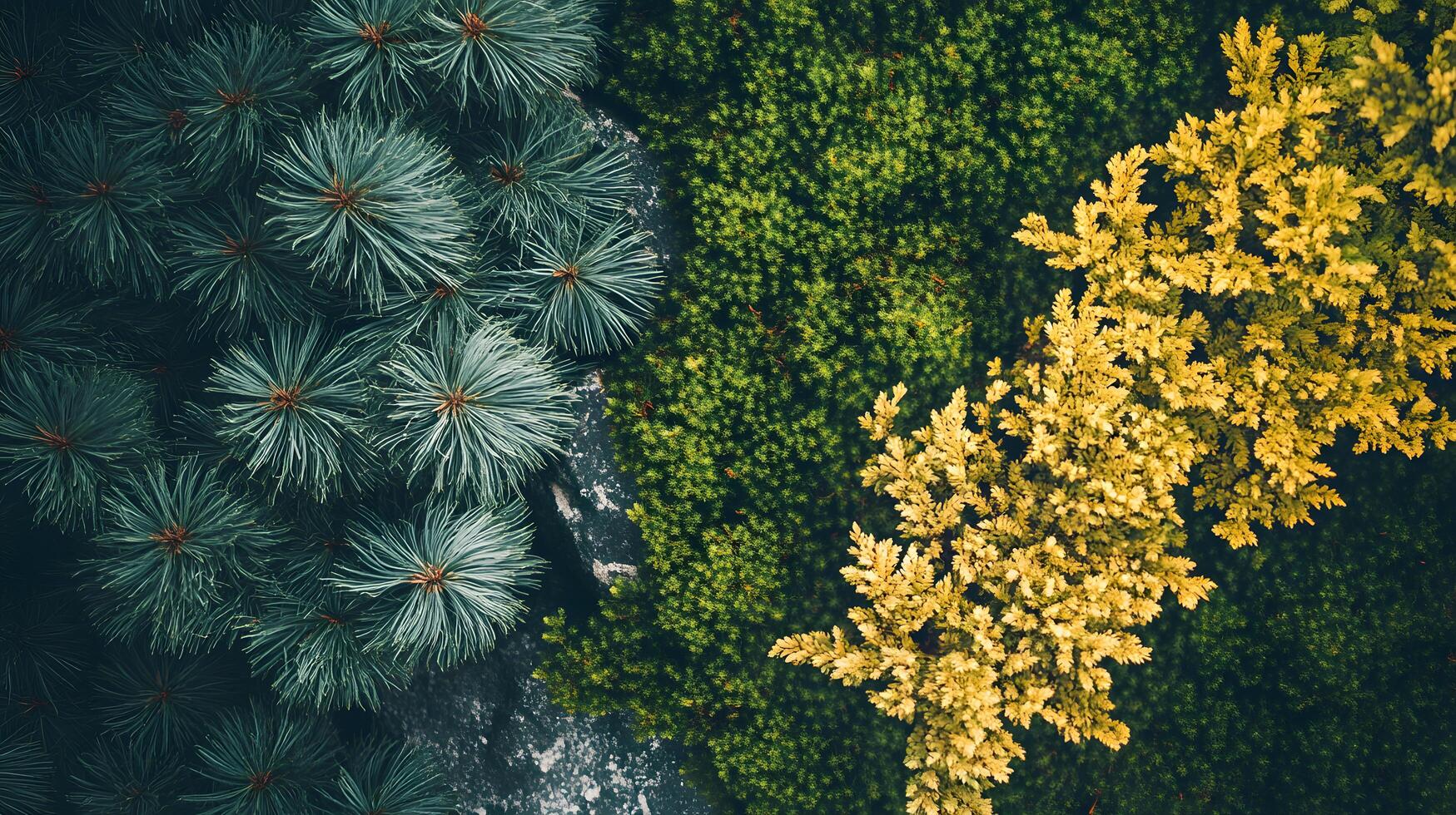 A green and yellow bush with green leaves and brown needles photo