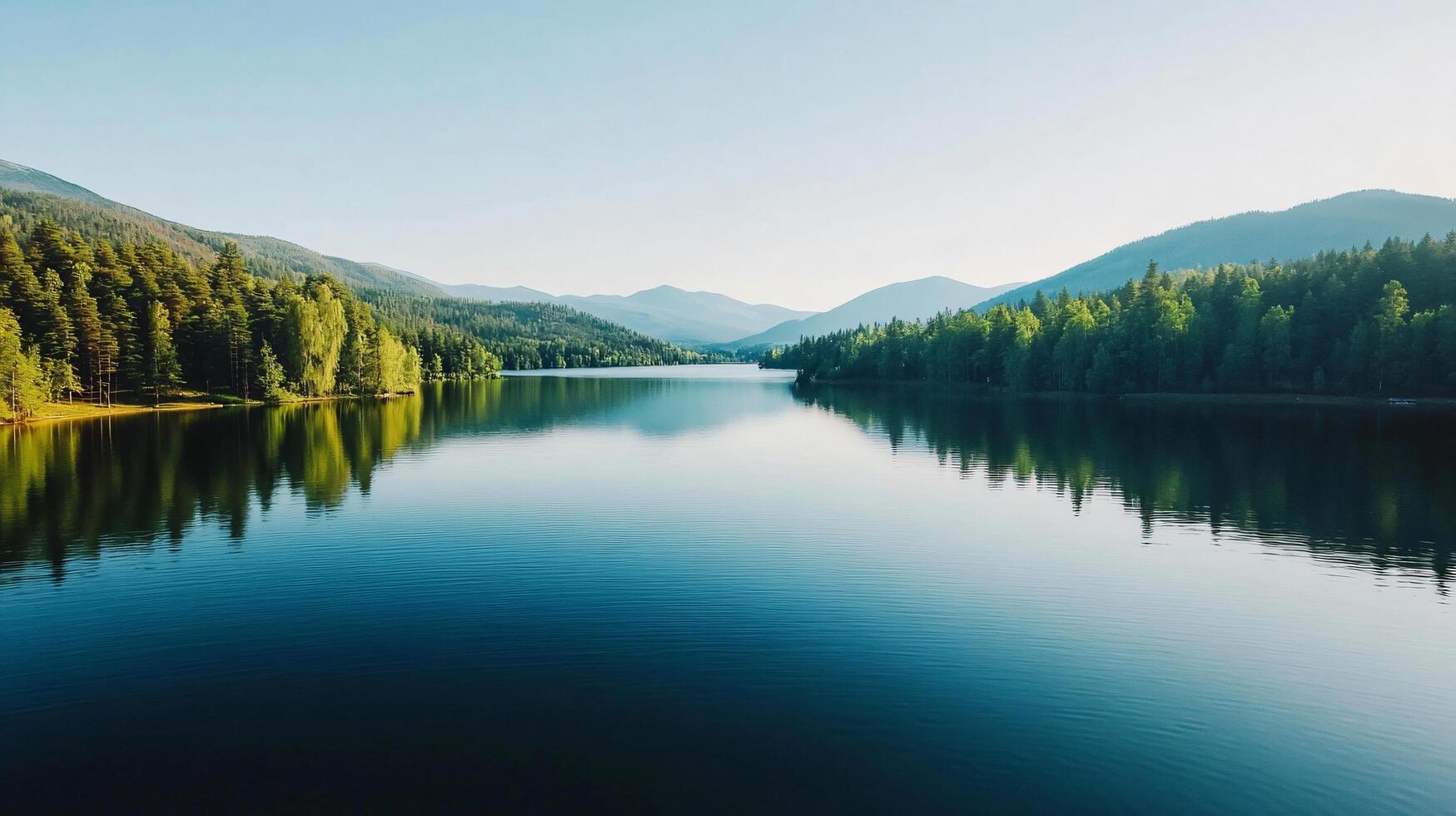 A beautiful lake surrounded by trees and mountains photo
