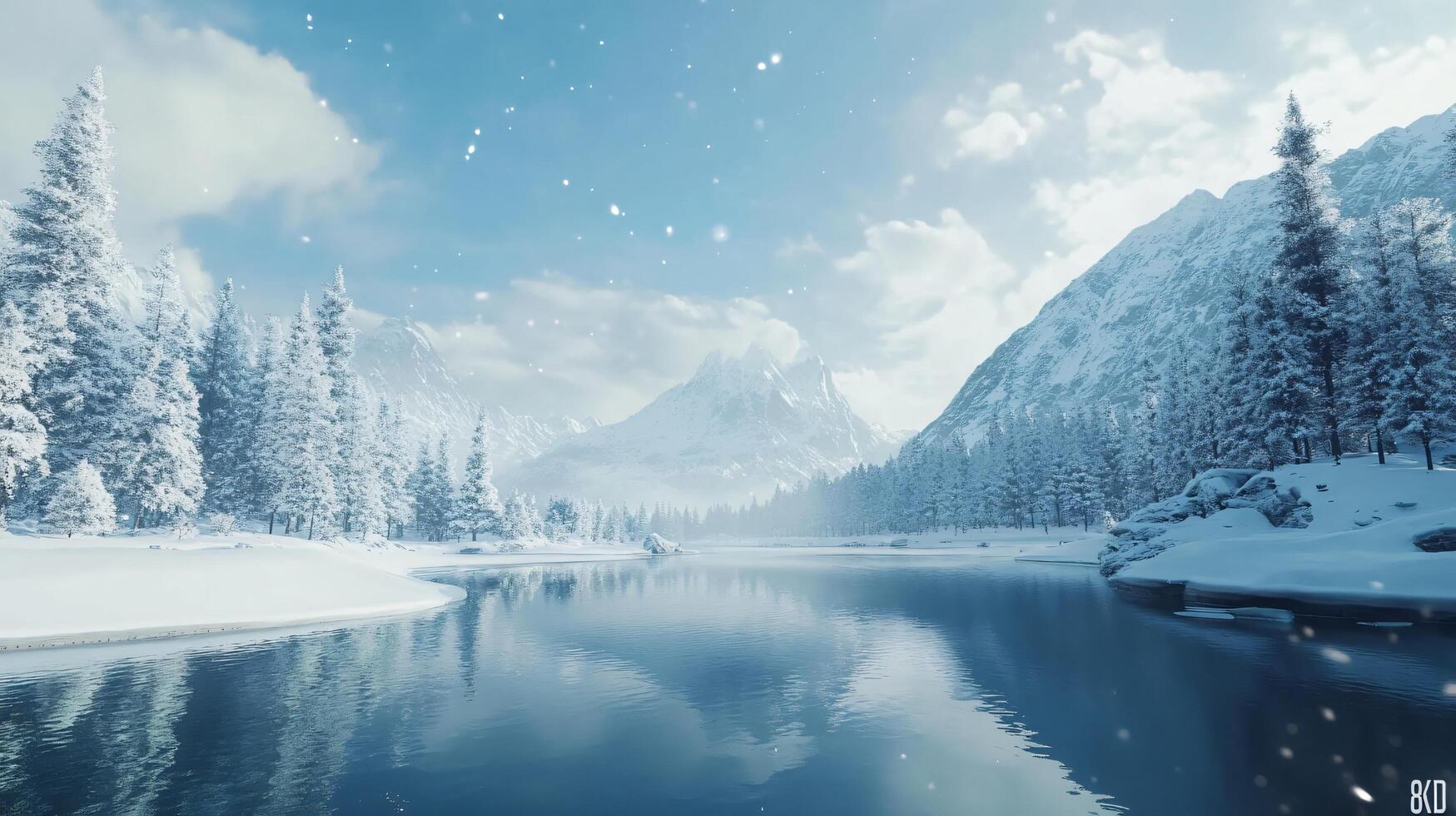 A snowy landscape with a river and mountains in the background photo