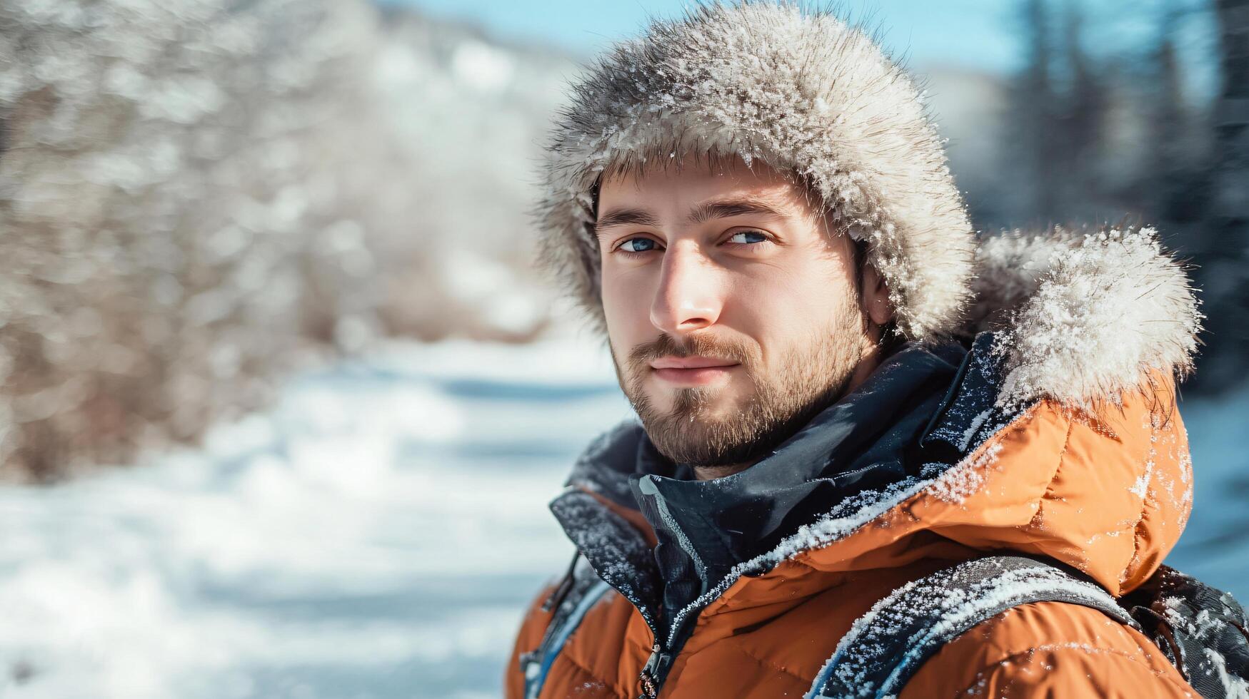 A man wearing a fur hat and an orange jacket is standing in the snow photo