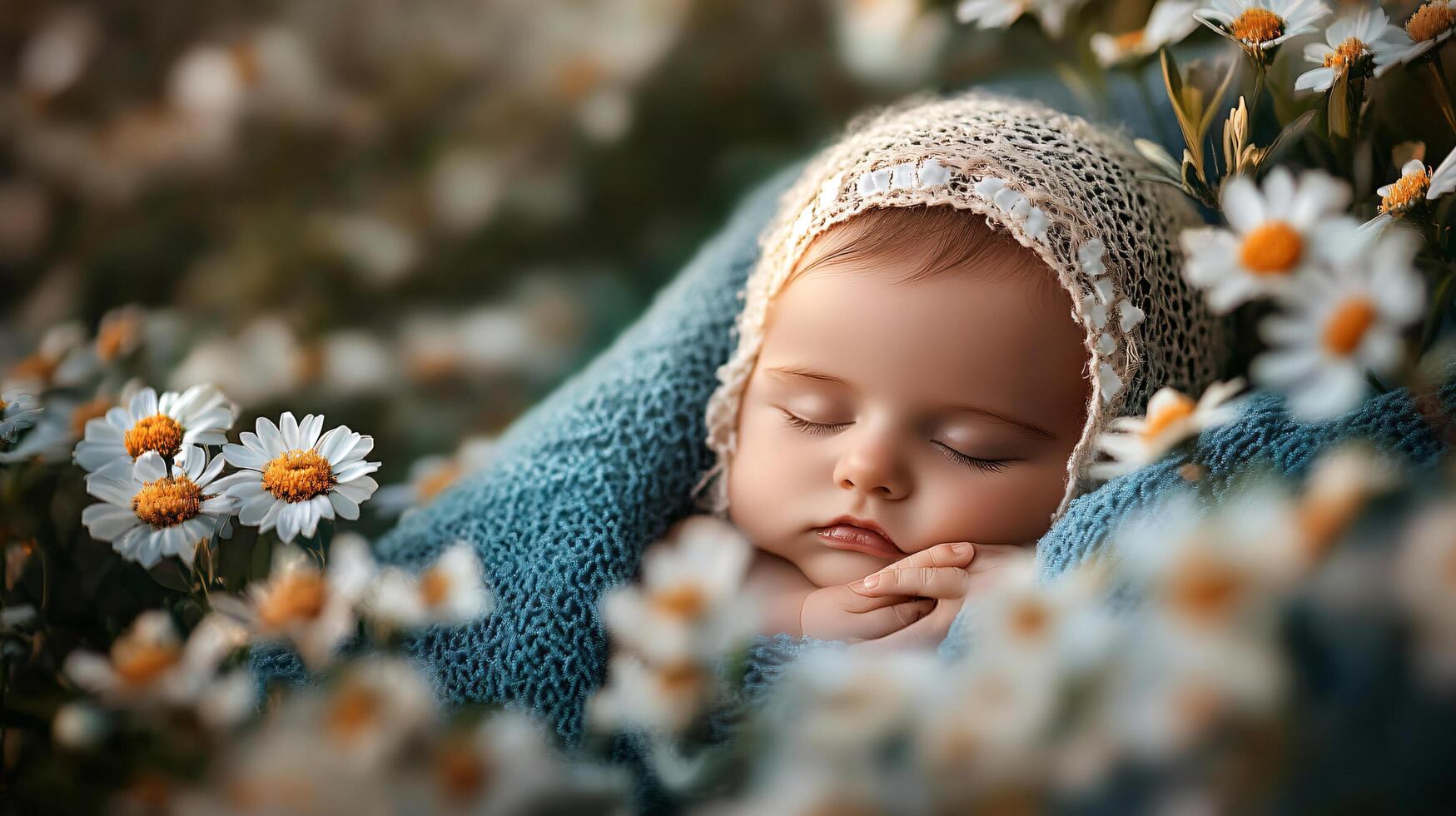 A baby is sleeping in a field of flowers photo