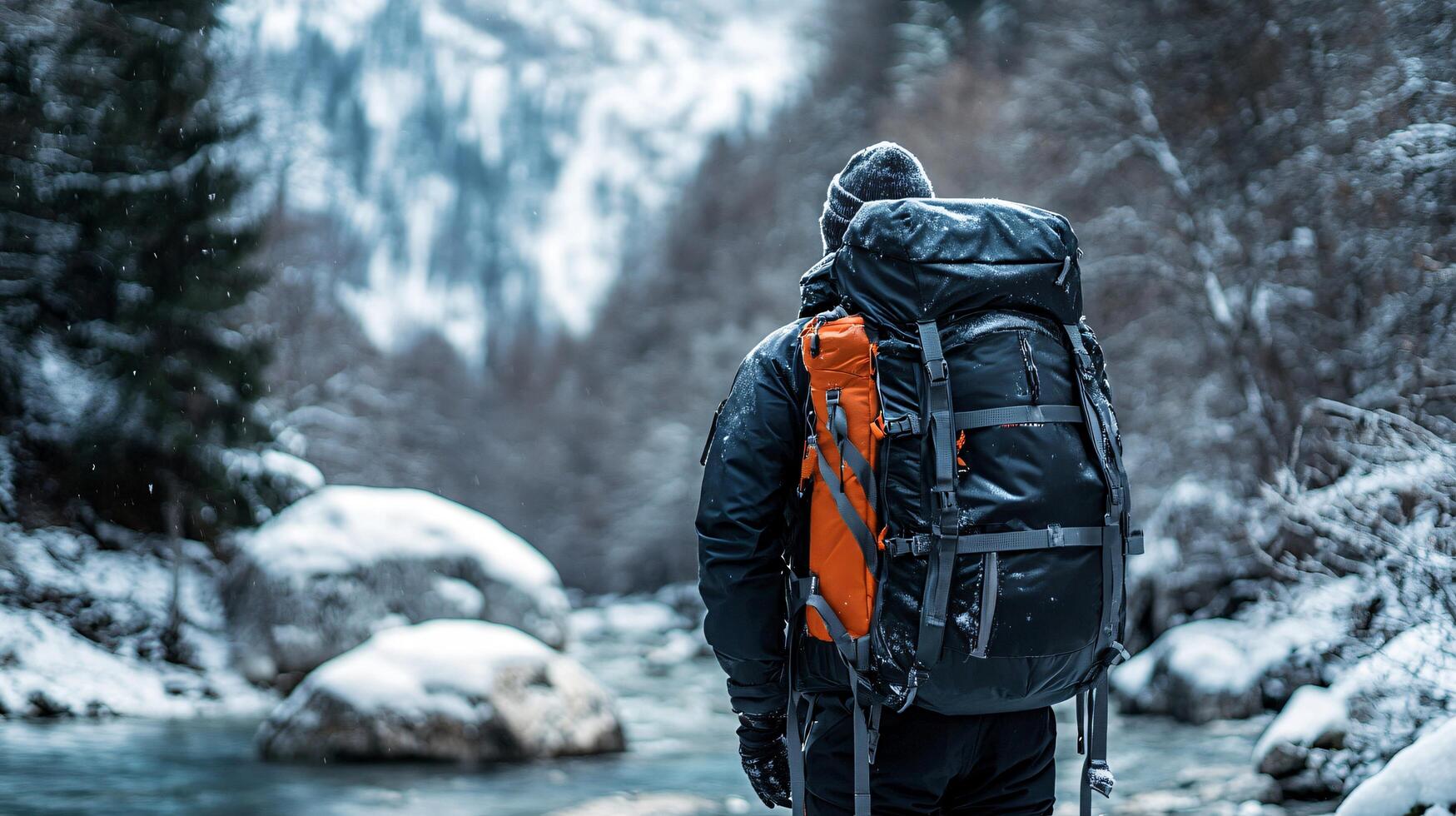A man is standing in the snow with a backpack on his back photo