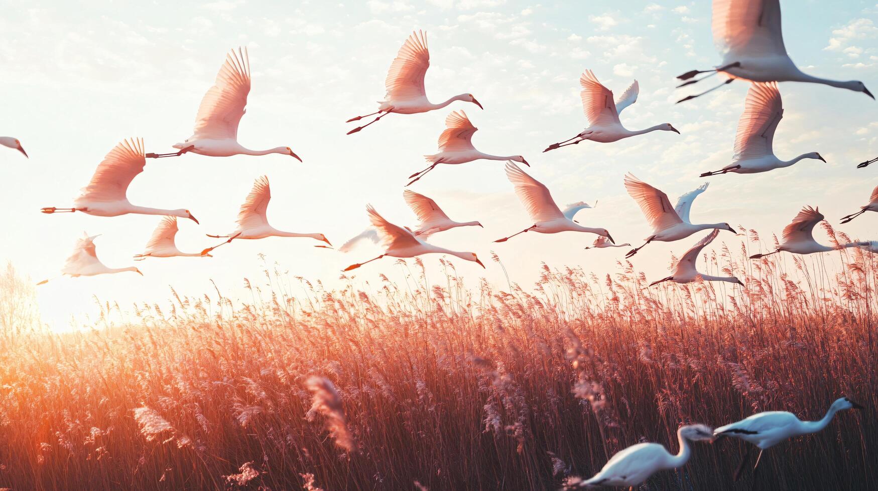 A flock of white birds flying in the sky photo