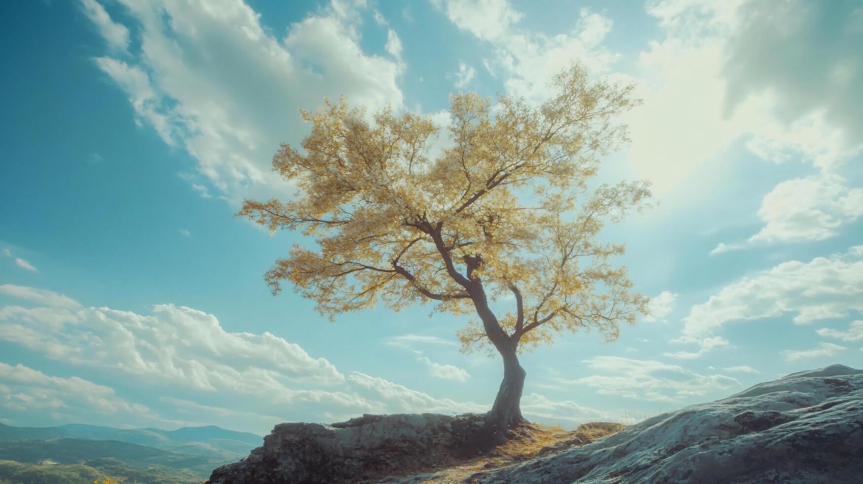 A tree is standing on a rocky hillside with a clear blue sky above it photo