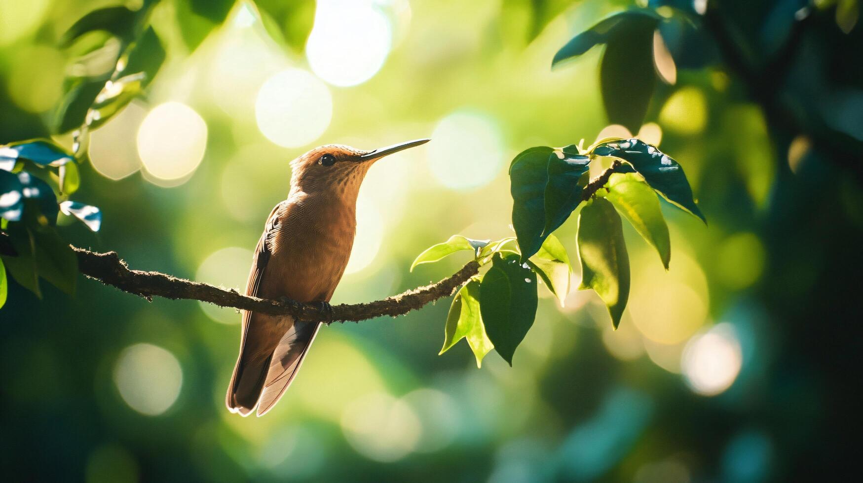 A bird is perched on a branch in a lush green tree photo