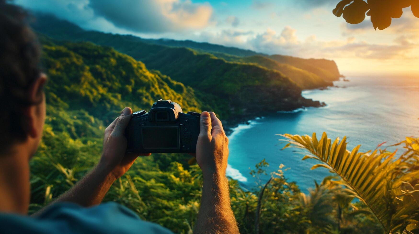 A man is holding a camera and taking a picture of a beautiful landscape photo