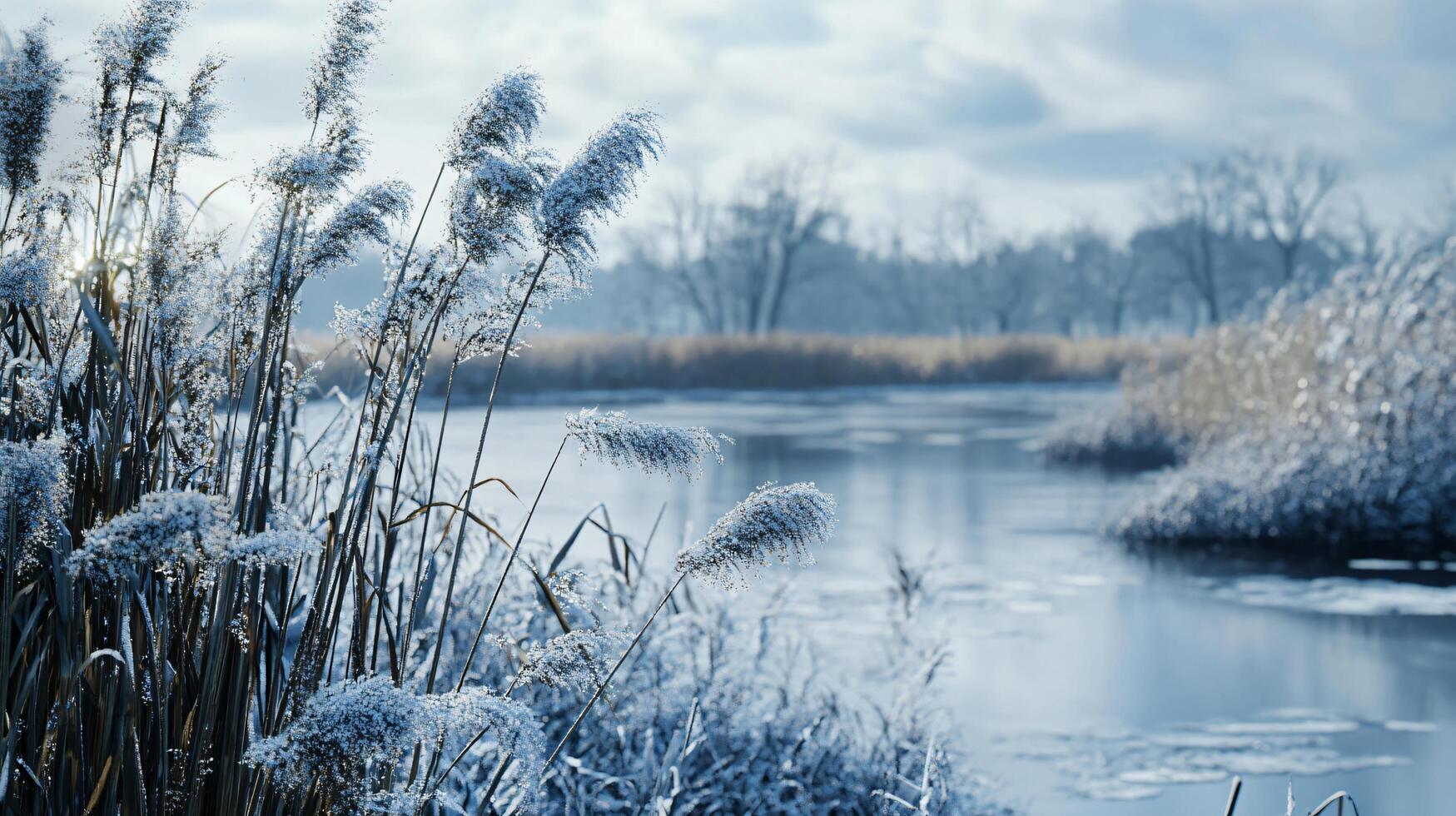 A frozen river with a field of tall grasses photo