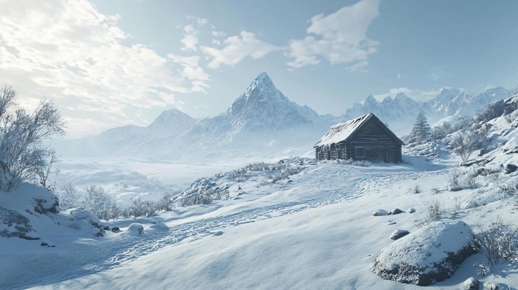 A snowy mountain range with a cabin in the distance photo