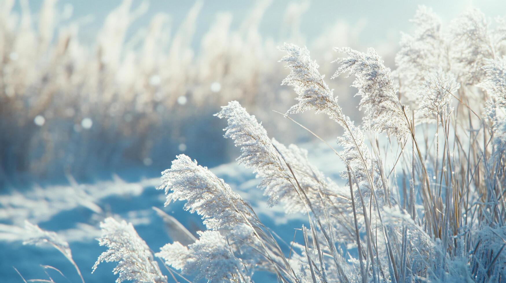 A field of tall grass covered in snow photo