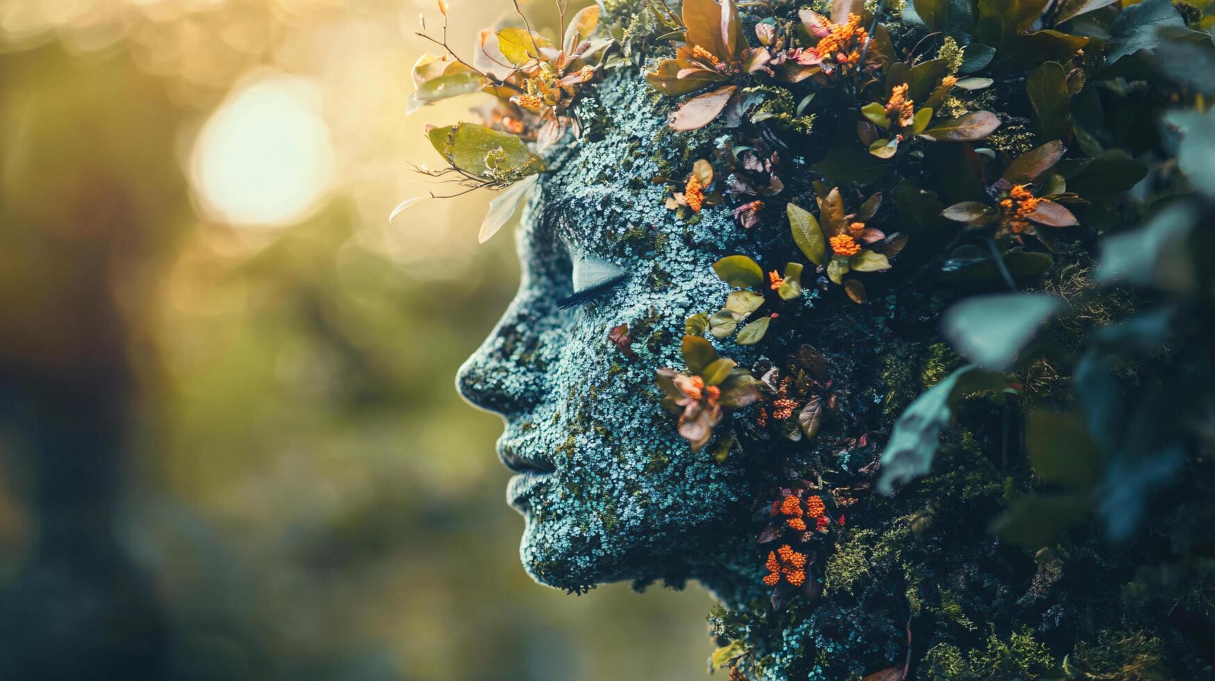 A woman's face is covered in moss and leaves, giving it a natural photo