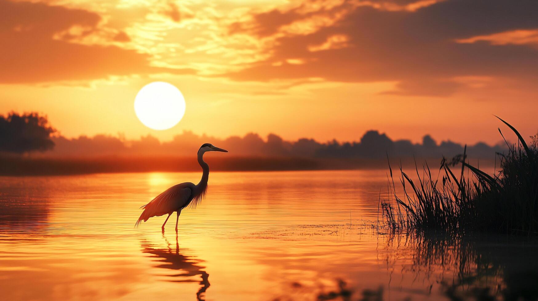 A large bird is standing in the water near the sun photo