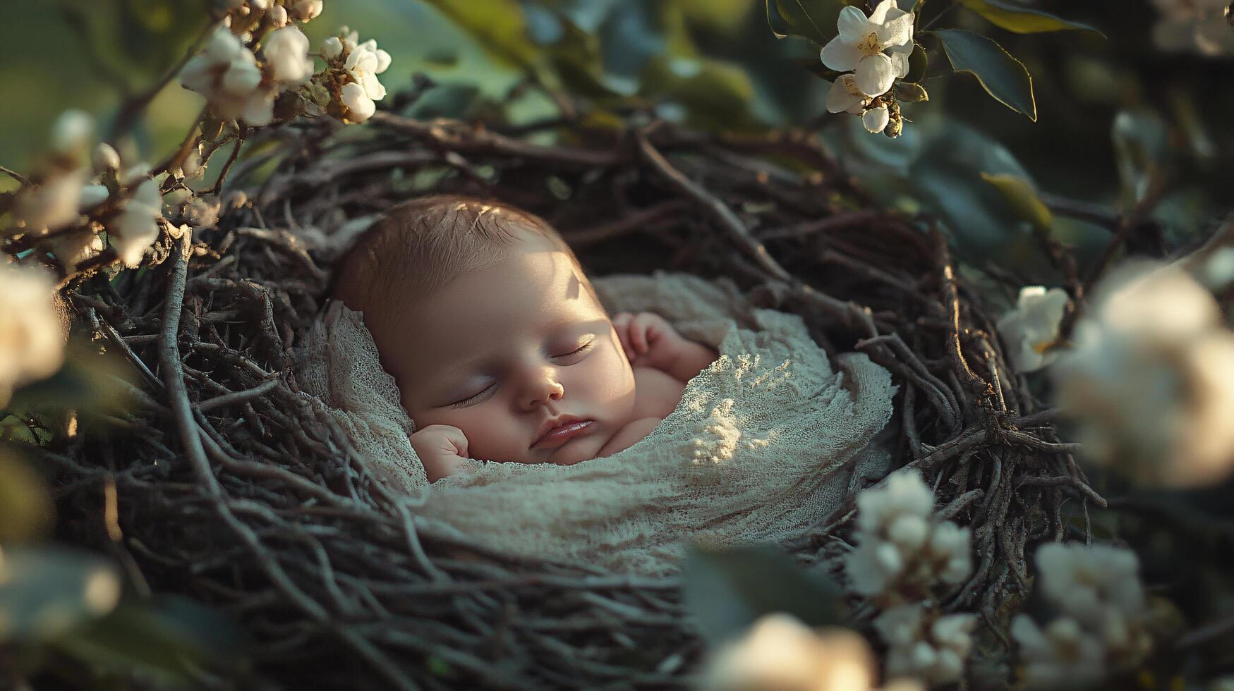 A baby is sleeping in a nest made of twigs and leaves photo