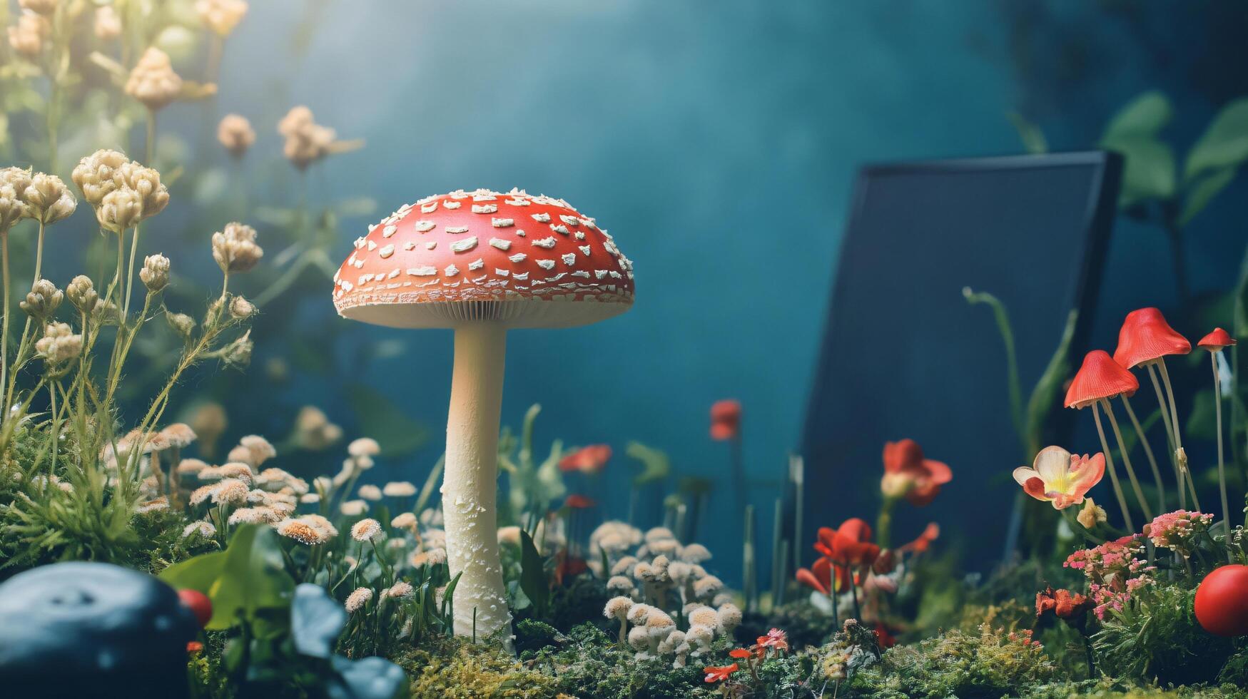 A red mushroom is in a field of flowers photo