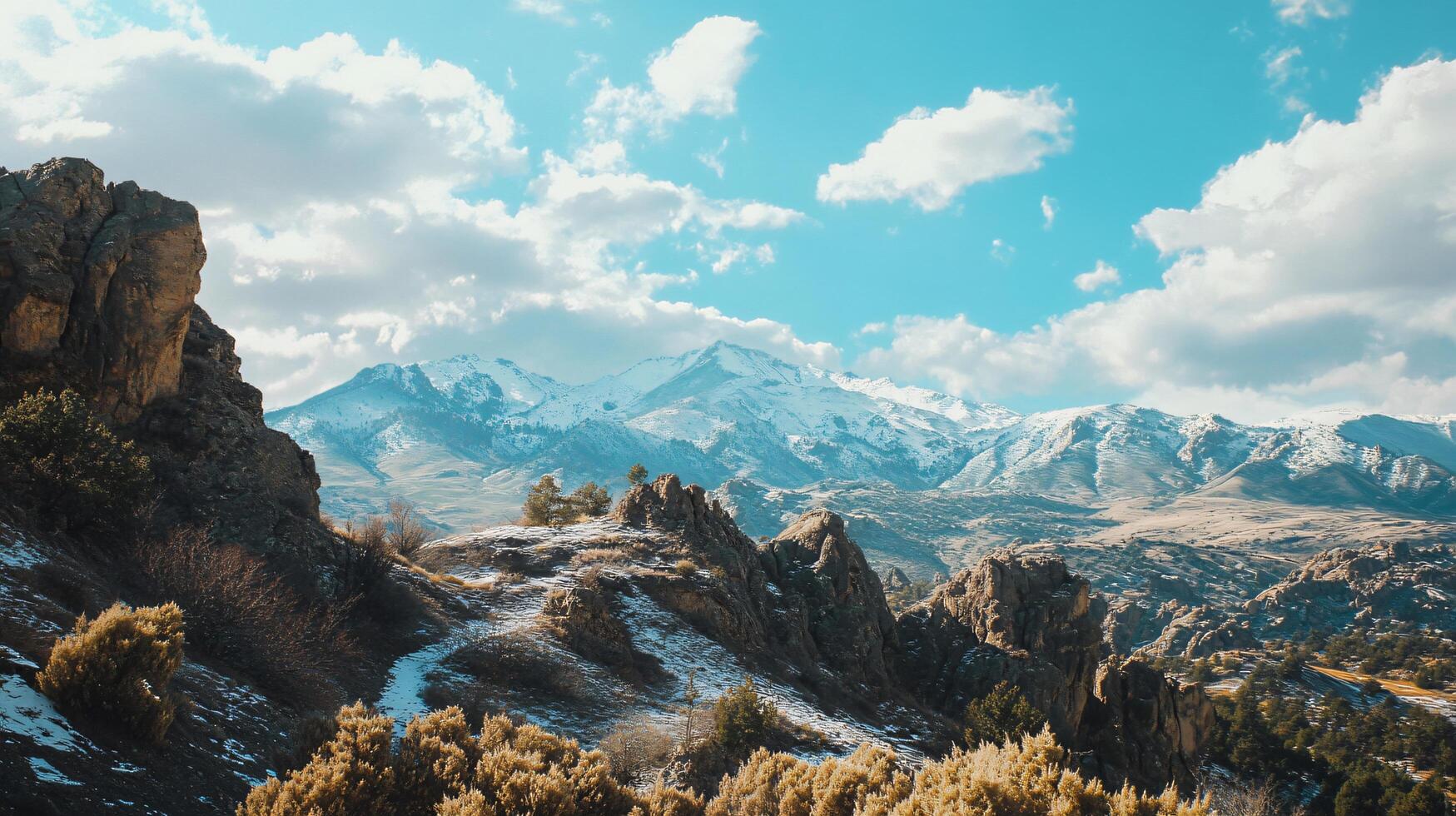 A mountain range covered in snow and a clear blue sky photo