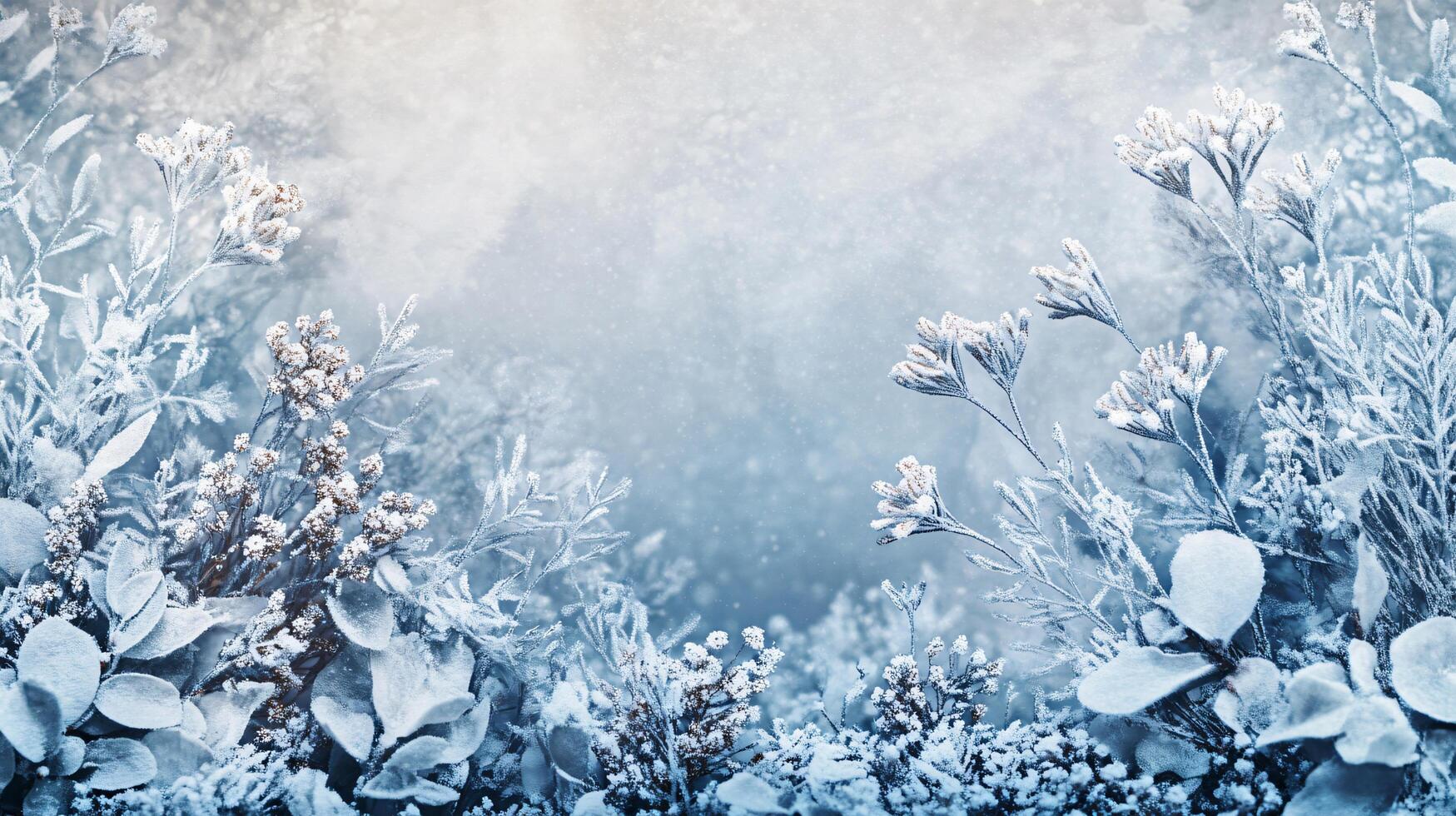 A snowy field with a few flowers in the foreground photo