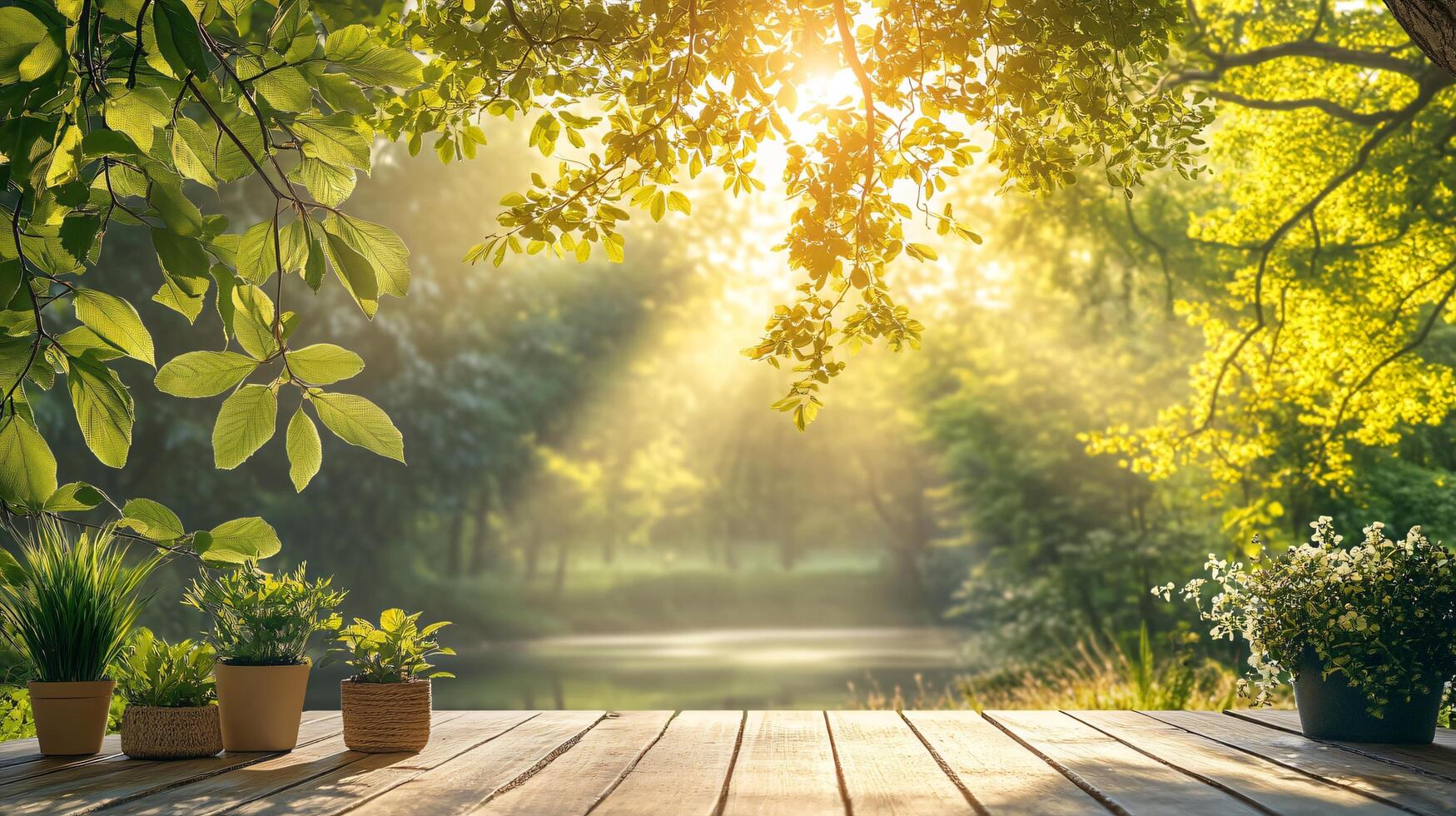 A beautiful scene of a forest with a wooden table and potted plants photo