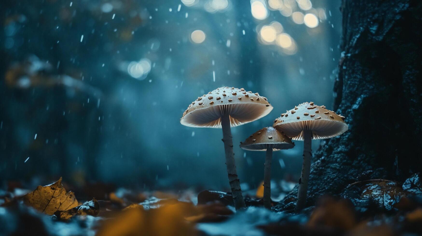 Three mushrooms are standing on a forest floor photo