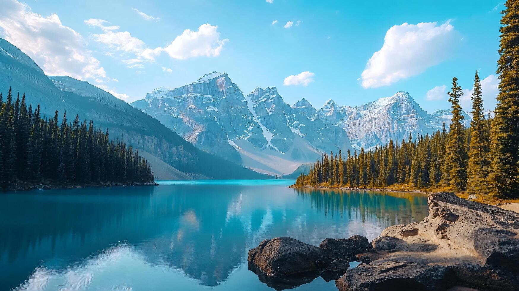 A beautiful mountain lake with a blue sky in the background photo