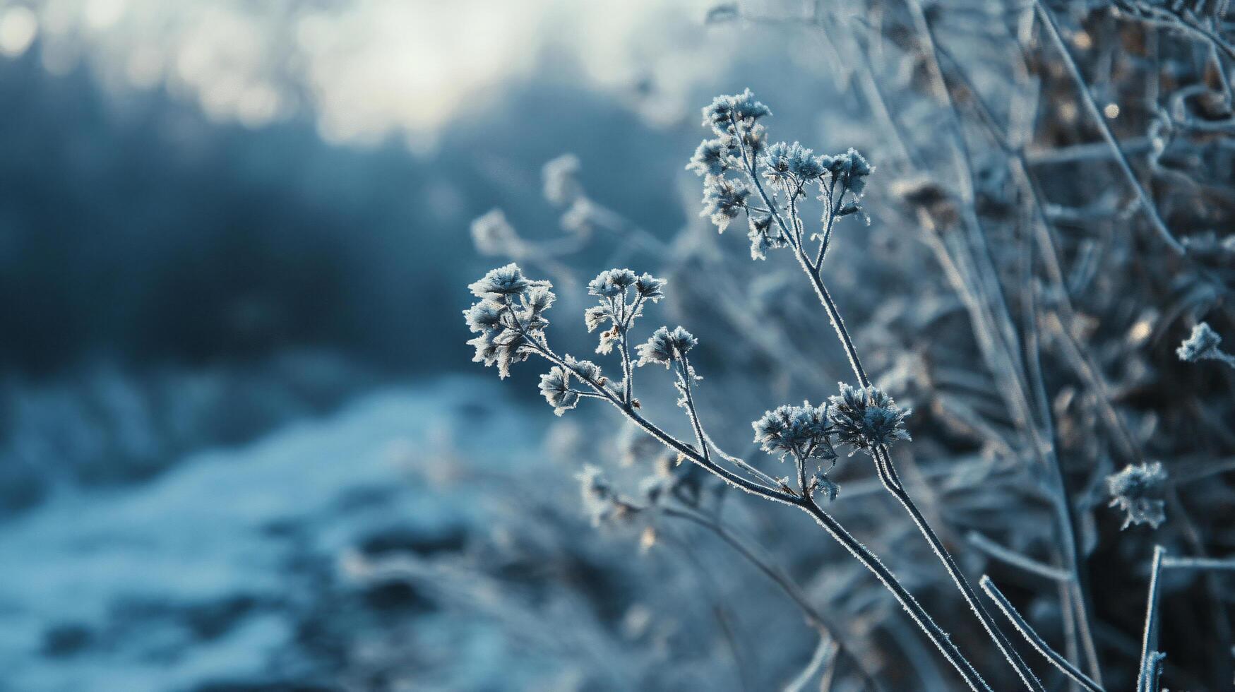 A close up of a frozen flower with a blue sky in the background photo