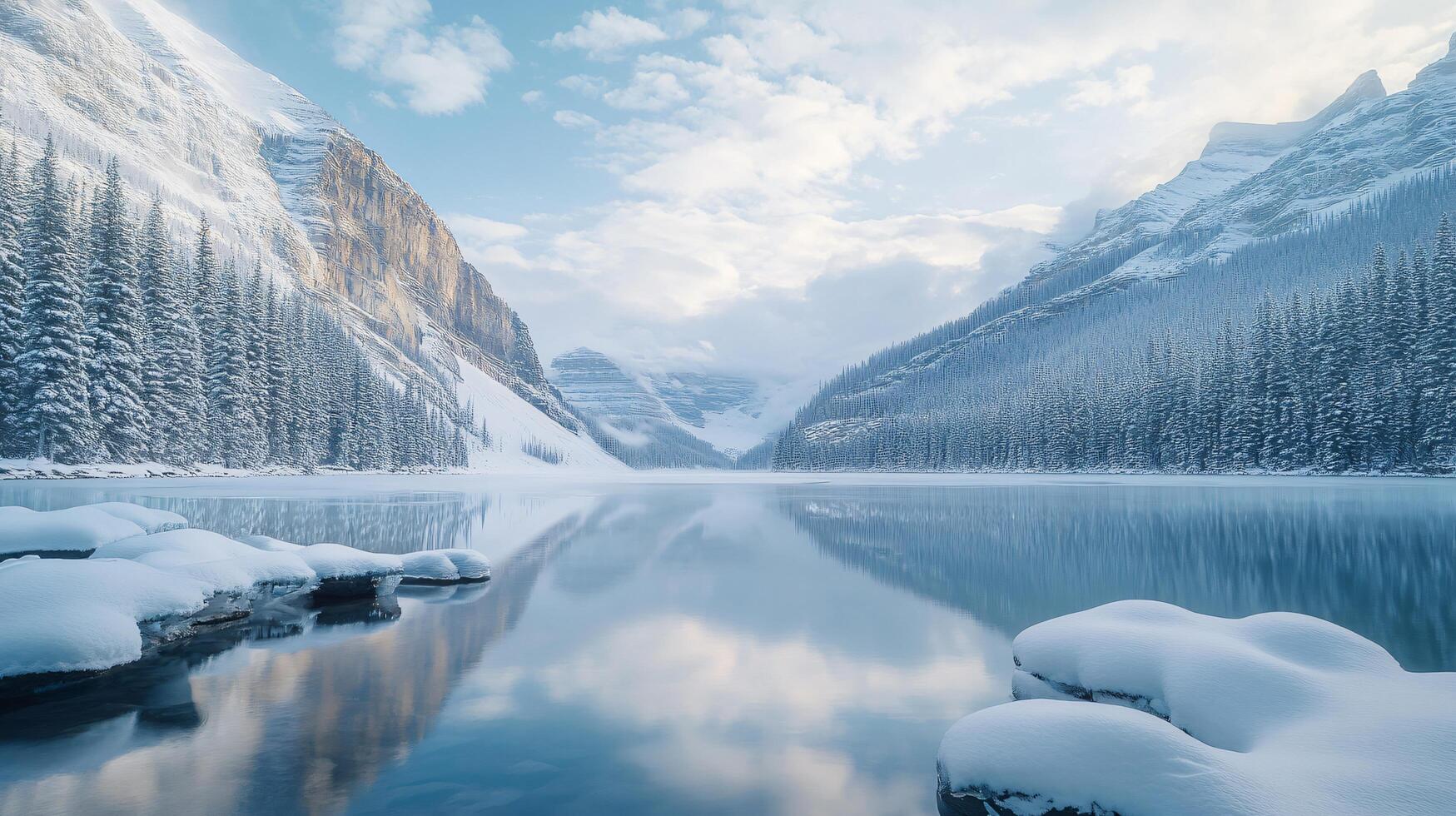 A snowy mountain range with a lake in the foreground photo