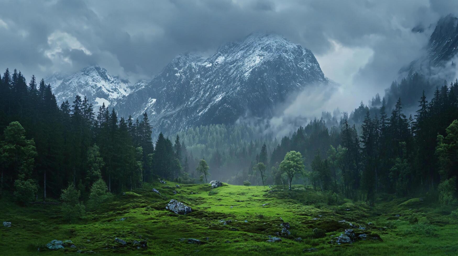 A mountain range covered in snow and trees photo