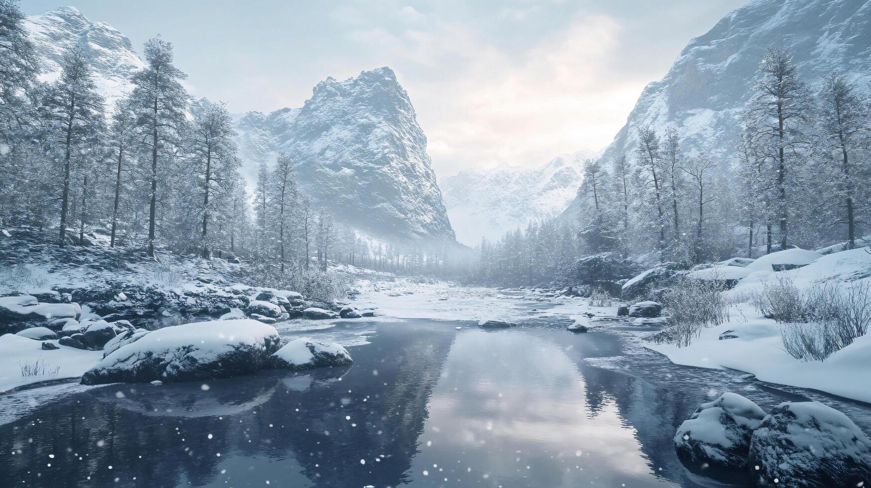 A snowy landscape with a river and mountains in the background photo