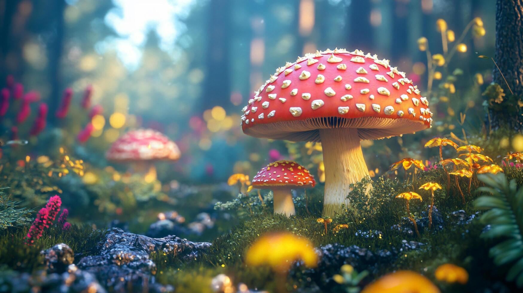 A red mushroom is surrounded by a field of flowers photo