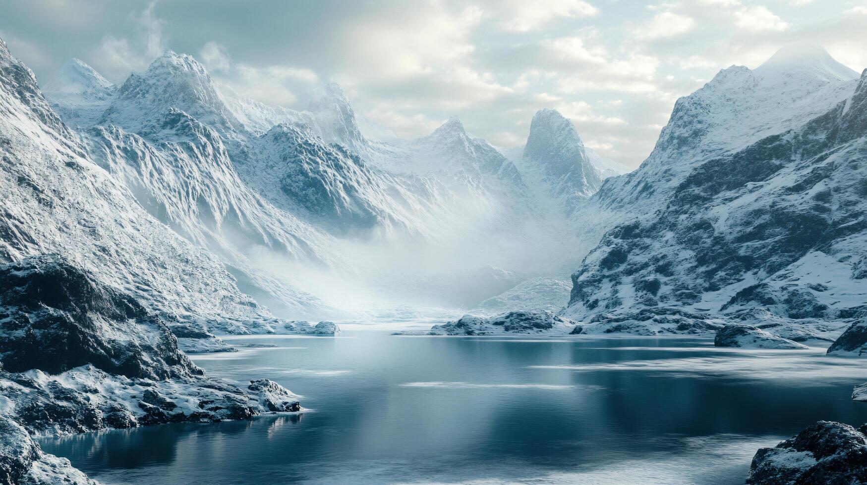 A snowy mountain range with a large body of water in the foreground photo