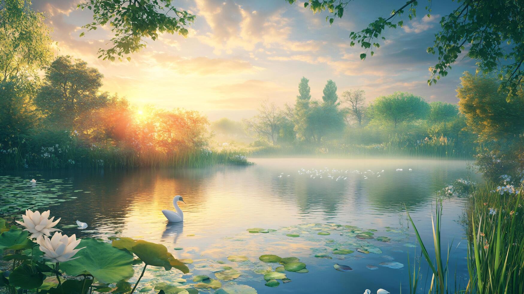 A swan is swimming in a pond with a beautiful sunset in the background photo