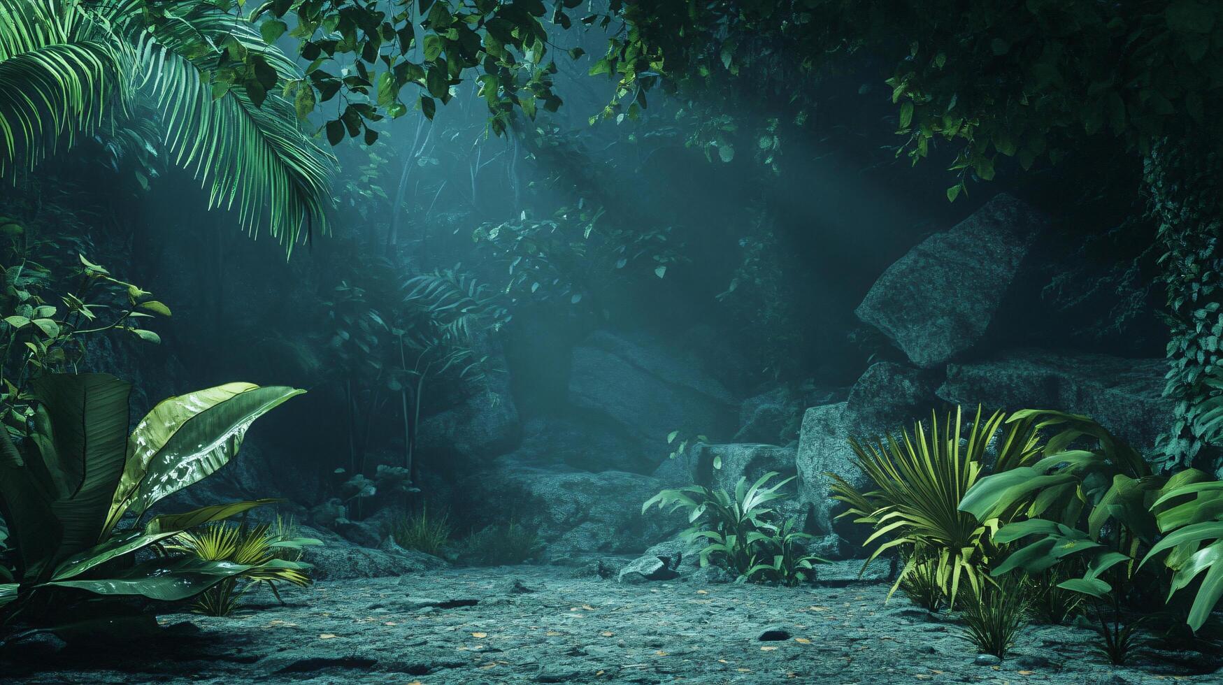 A jungle scene with a large rock in the foreground photo