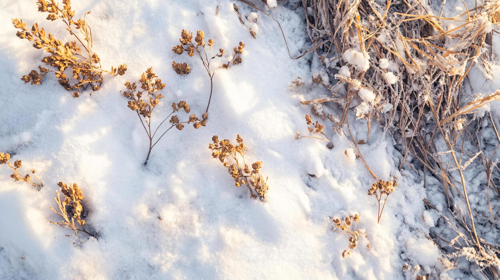A snowy field with some plants and a few snowflakes photo