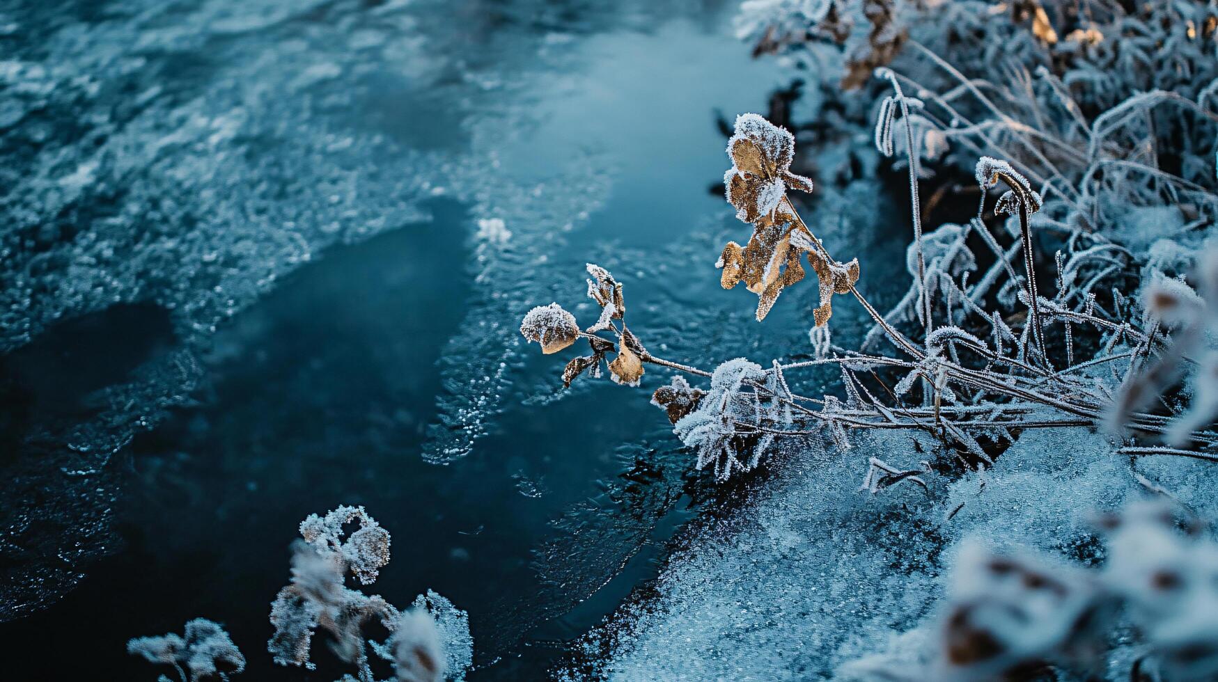 A frozen lake with a few branches sticking out of the water photo