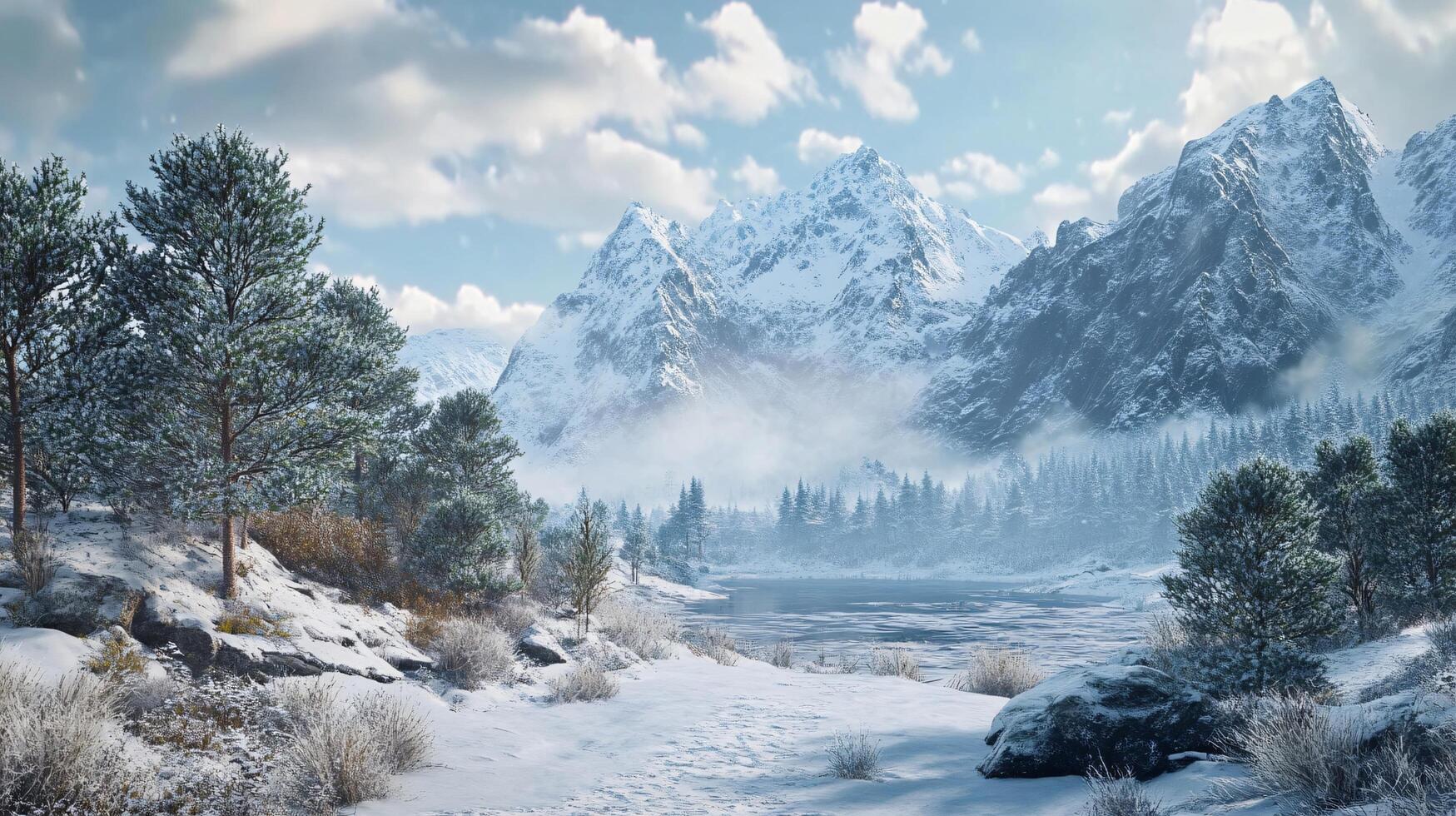 A snowy mountain range with a lake in the foreground photo