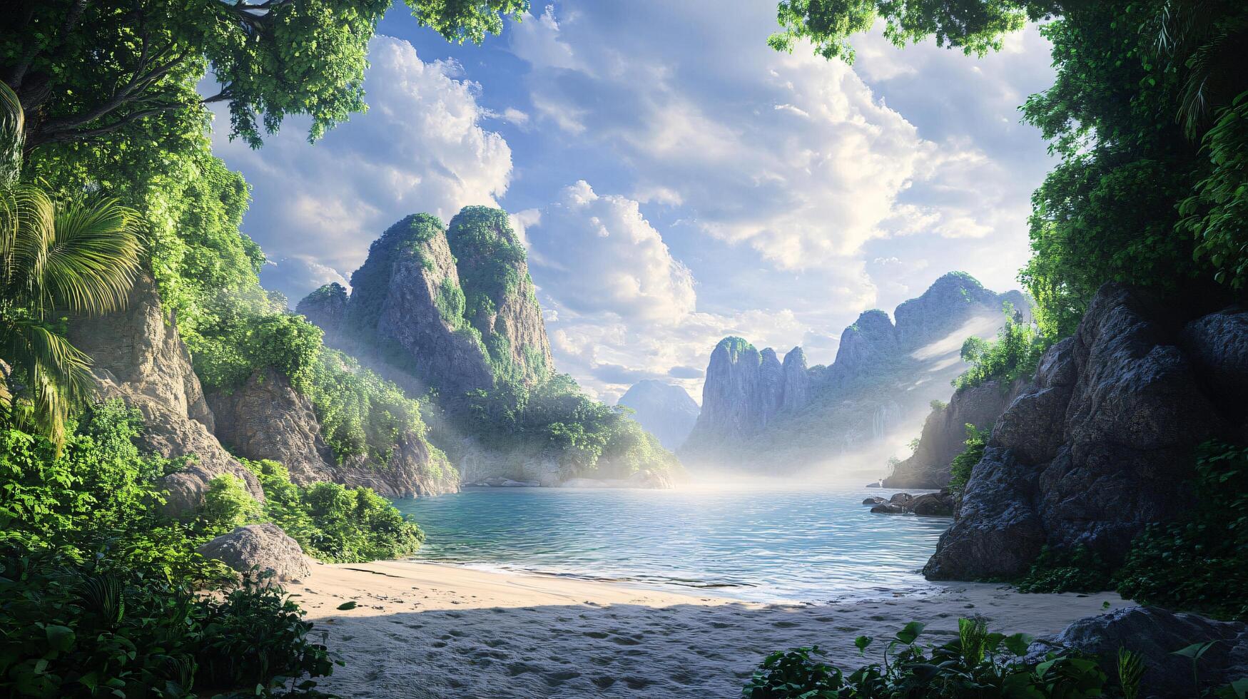 A beautiful tropical landscape with a large body of water photo