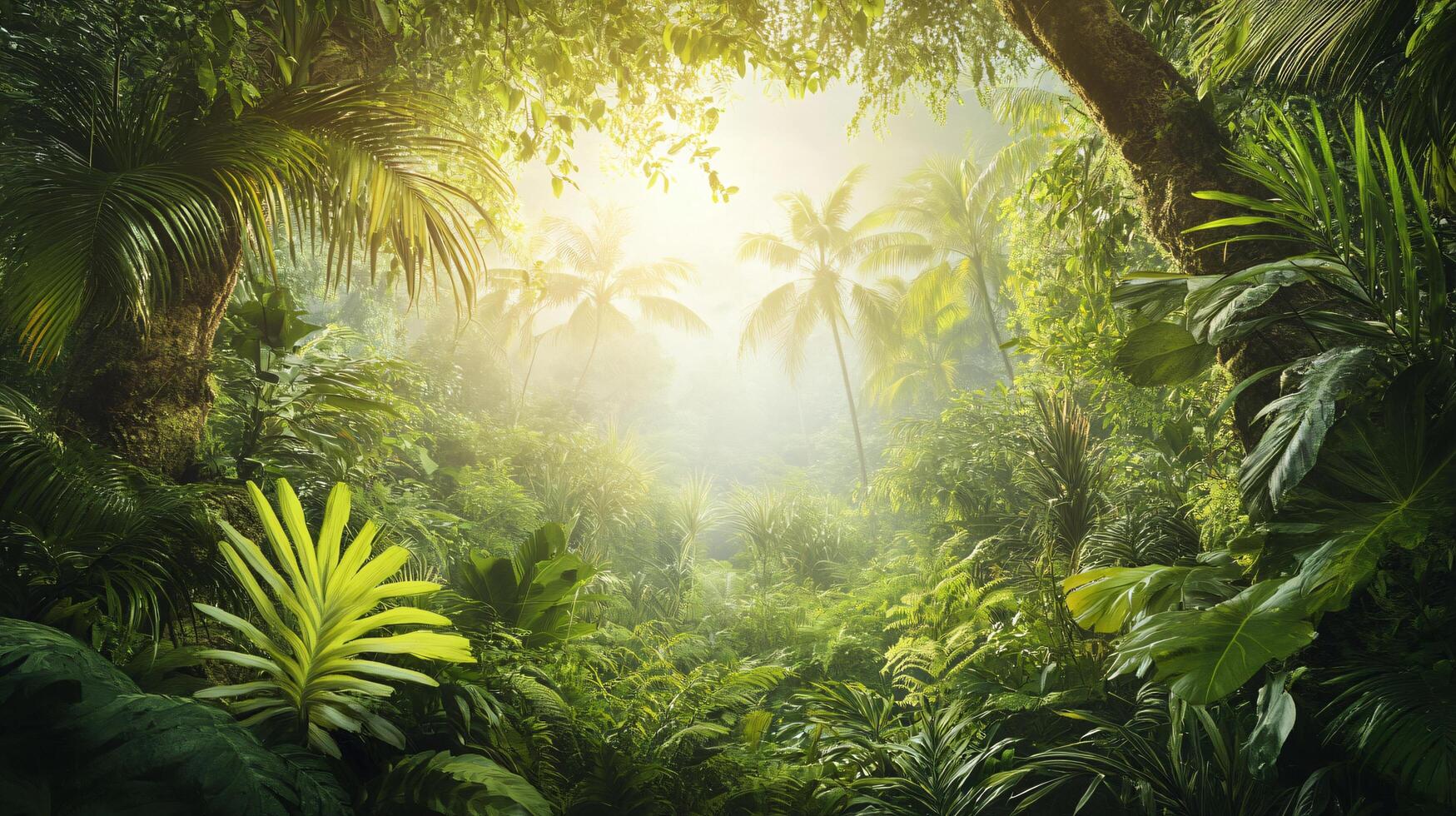 A lush green jungle with a tree in the middle and a tree on the right photo