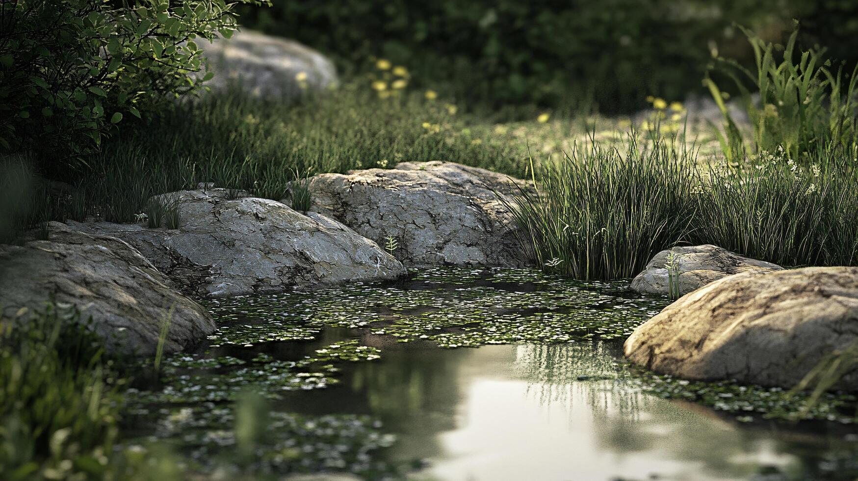 A pond with a rock in the middle photo
