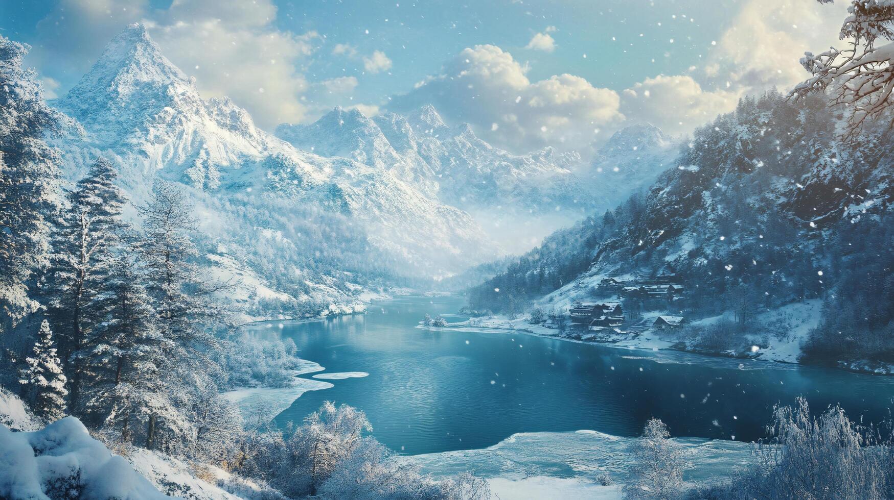 A snowy mountain range with a river running through it photo