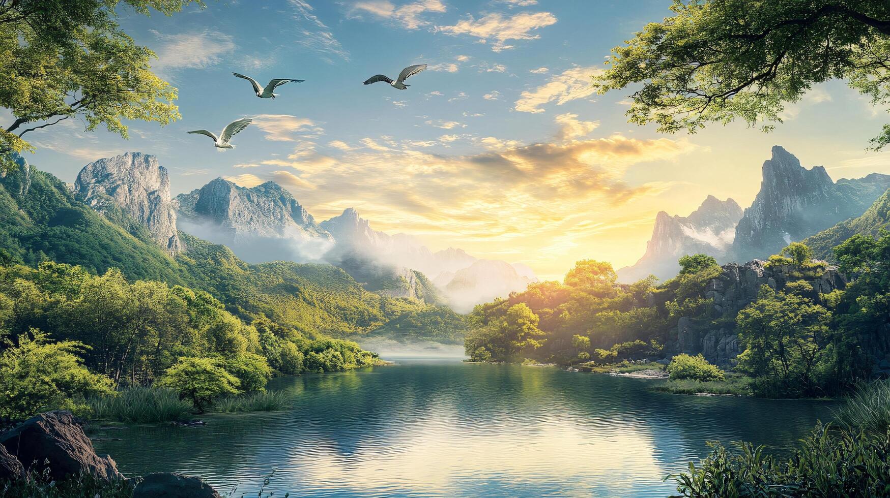 A beautiful landscape with a lake and mountains in the background photo