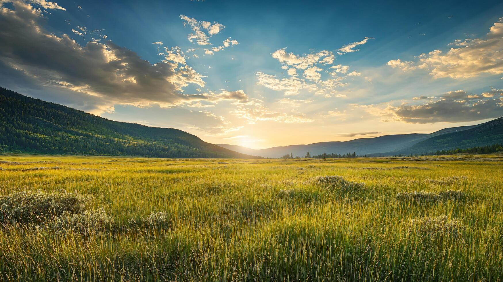 A large, open field with a beautiful sunset in the background photo