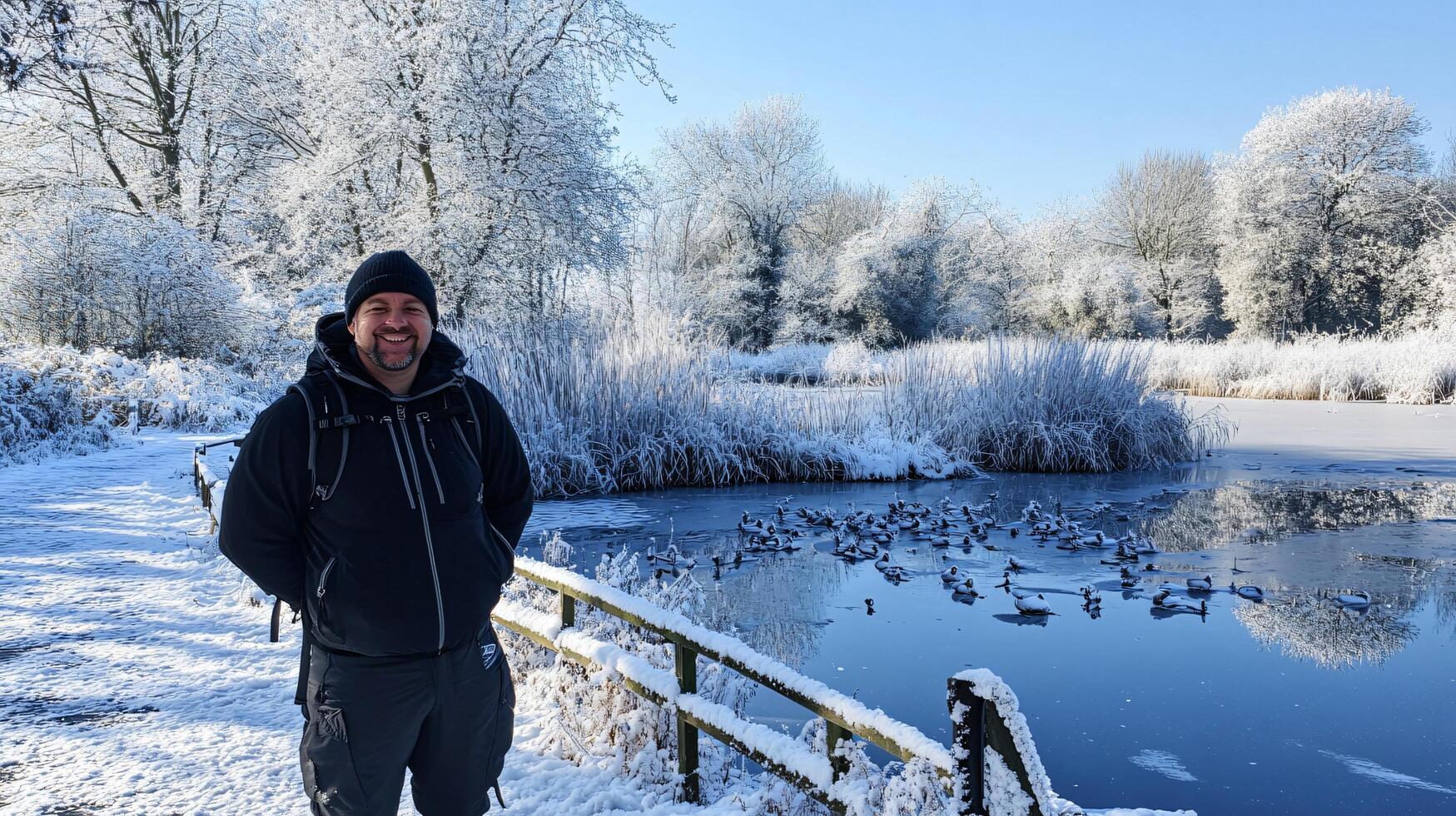 A man is standing in the snow with his arms crossed and a smile on his face photo