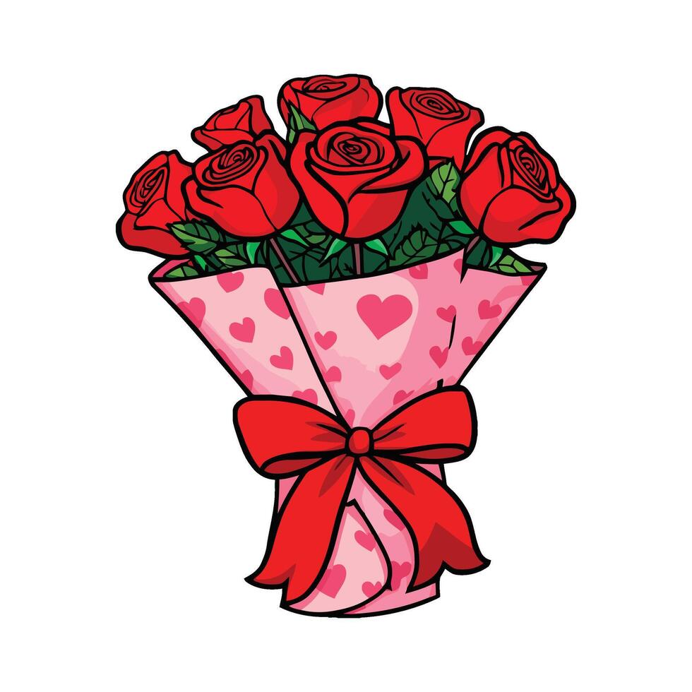 A bouquet of roses with hearts on a white background vector