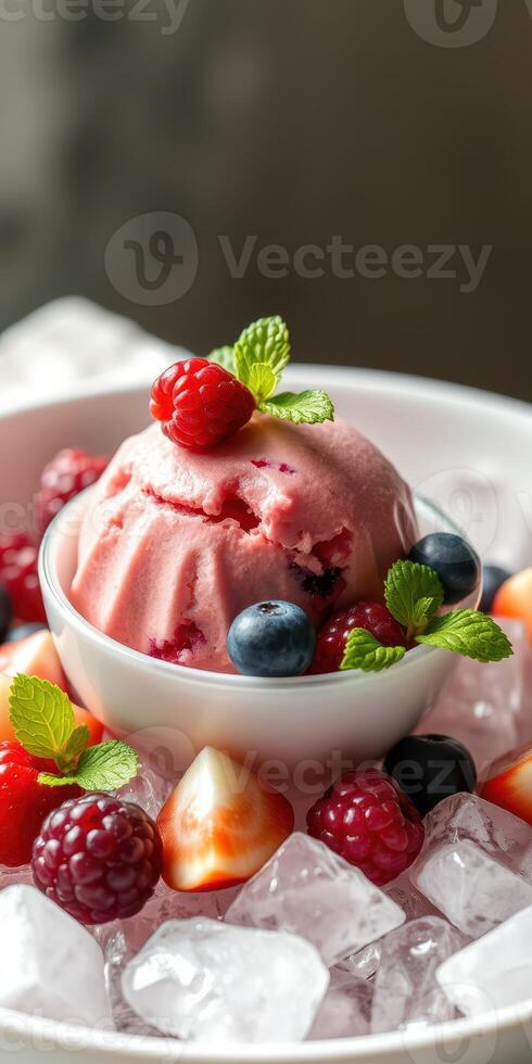 Refreshing summer dessert featuring raspberry sorbet served with fresh berries and mint on a bed of ice photo