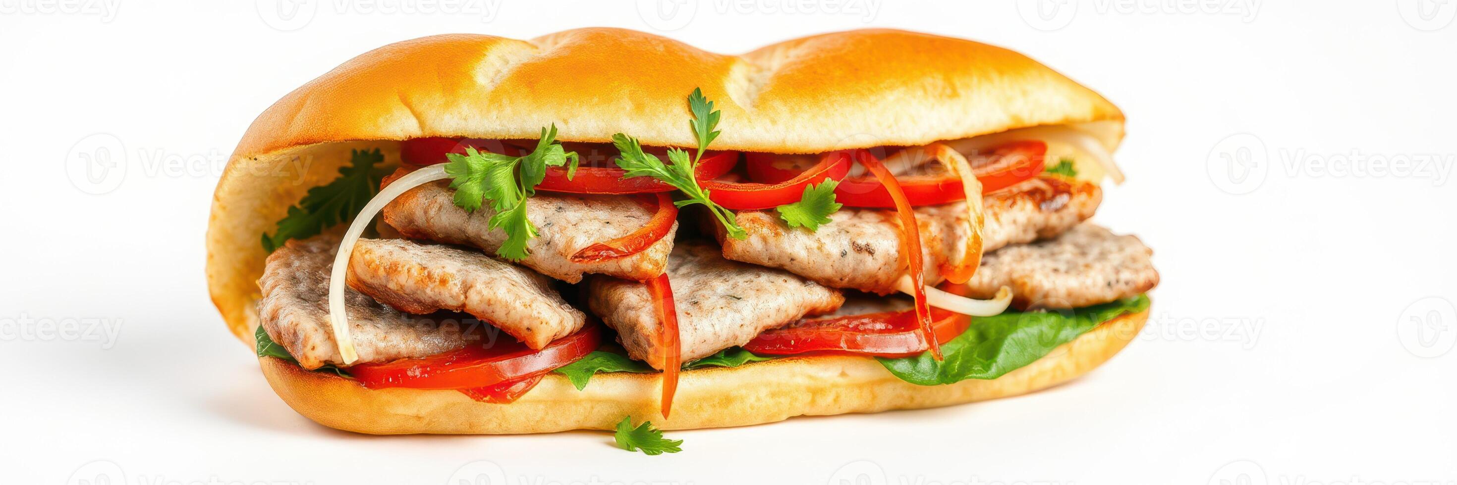 Delicious sandwich filled with grilled meat, fresh vegetables, and herbs on a soft bun photo