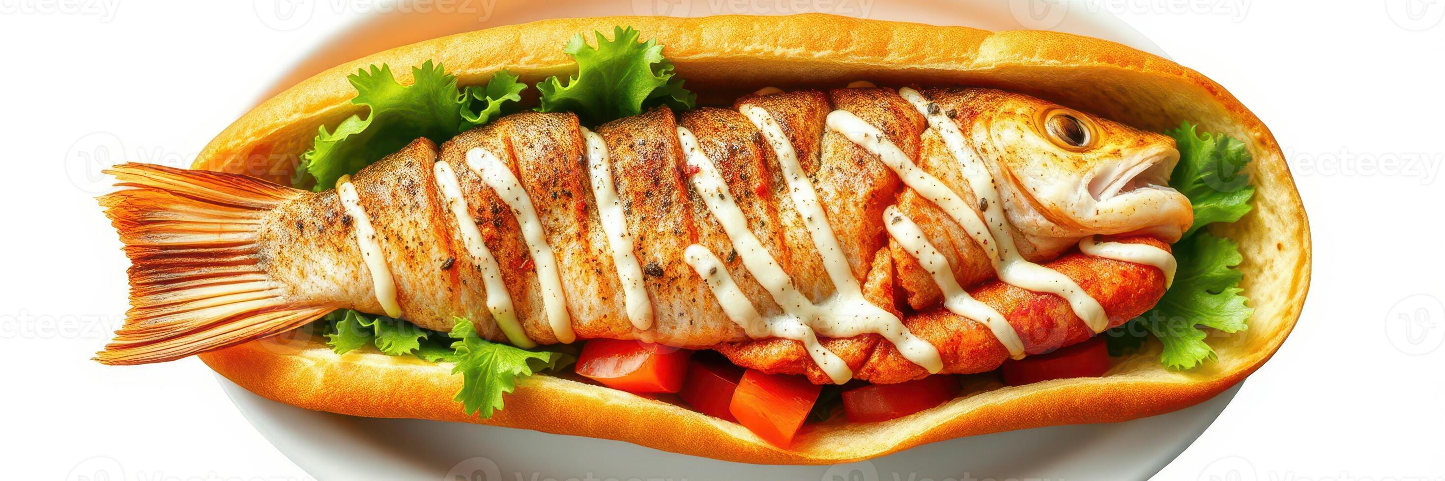 Delicious fish sandwich topped with fresh lettuce and sauce served on a toasted bun photo