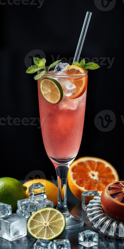 Refreshing fruity cocktail with citrus slices and mint served in a tall glass photo