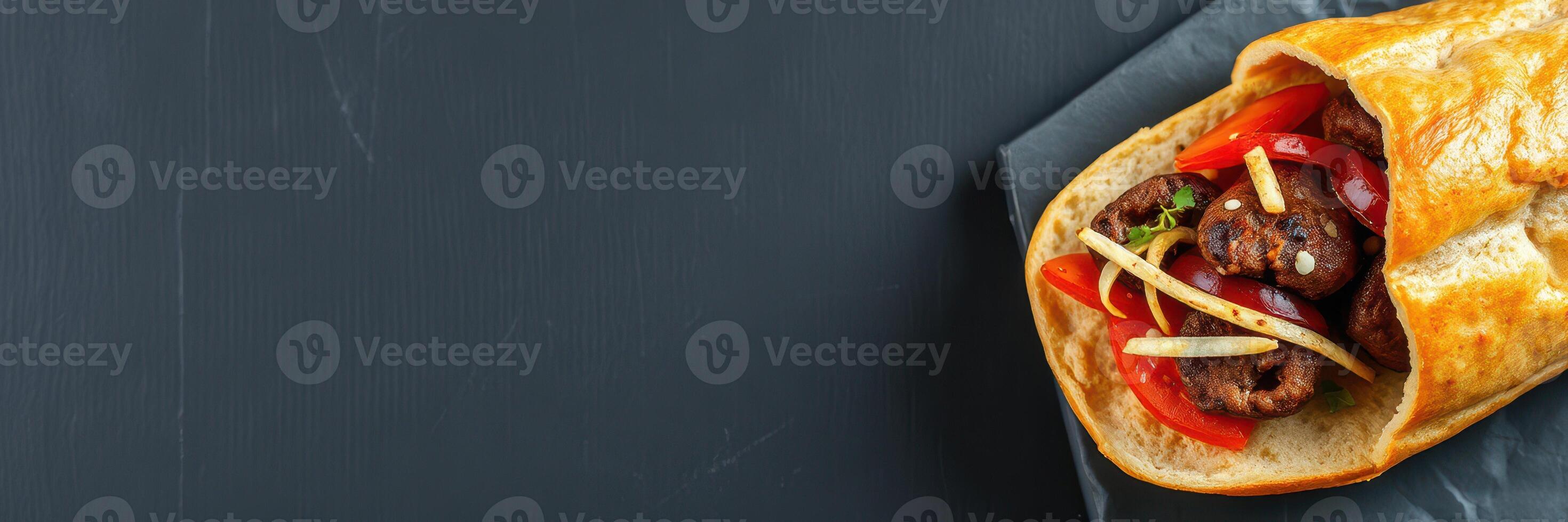Delicious meat-filled pastry with fresh vegetables served on a dark surface photo