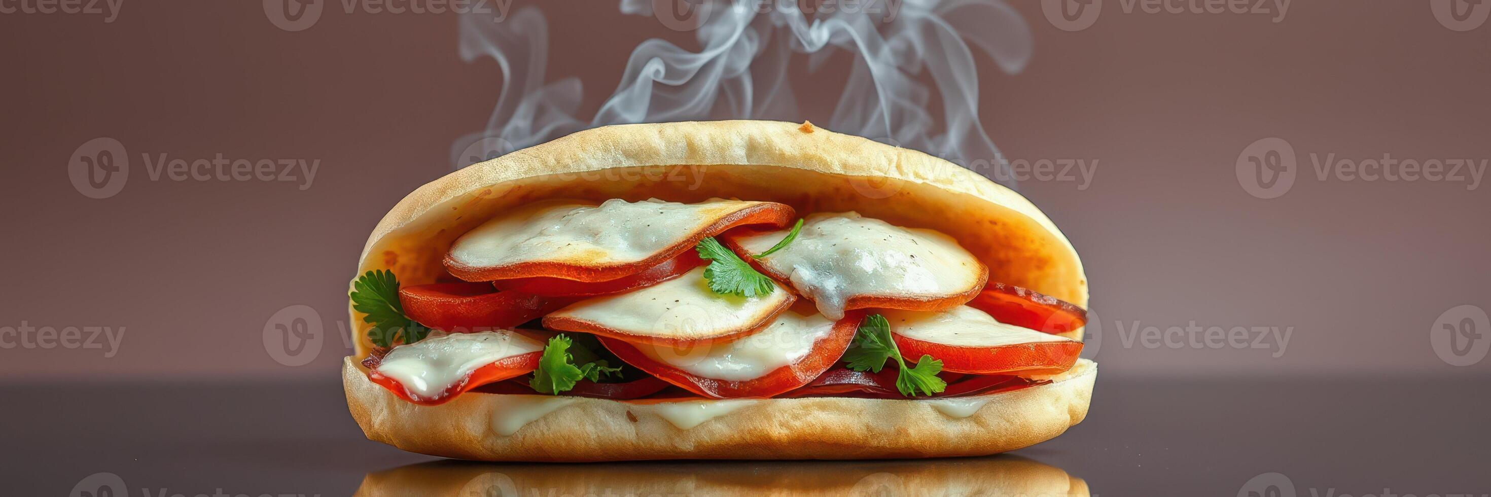 Delicious steaming sandwich with melted cheese and fresh ingredients from a cozy kitchen setting photo