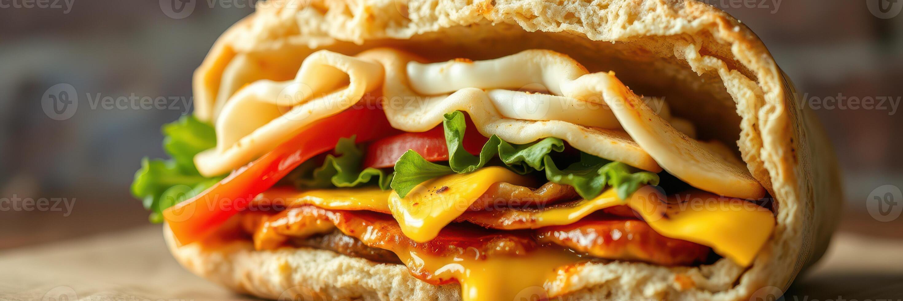 Delicious turkey and cheese sandwich with fresh vegetables on whole grain bread photo